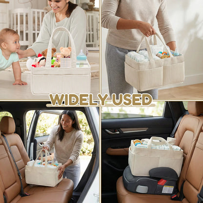 Portable Diaper Caddy Basket in Beige Corduroy with Dividers, Multiple Pockets and Carry Handles for Nursery Organization and Baby Changing Supplies