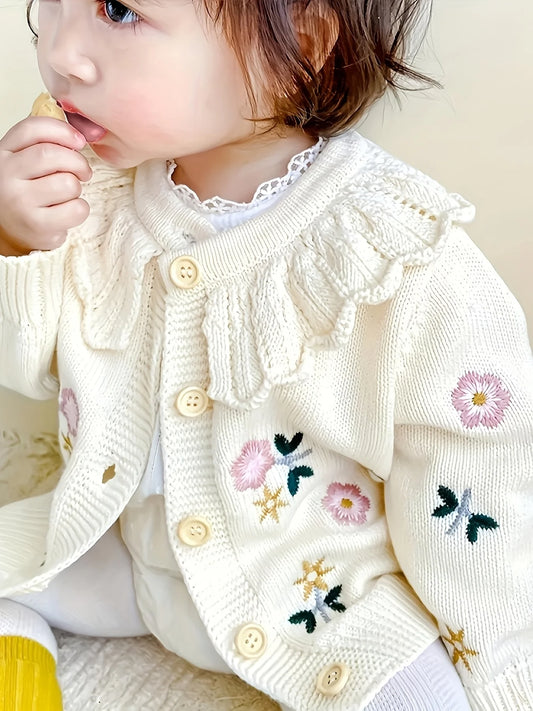 Girls Floral Embroidered Cardigan with Ruffle Collar, Beige Long Sleeve Button-Front Knit Sweater for Baby, Toddler and Kids Layering