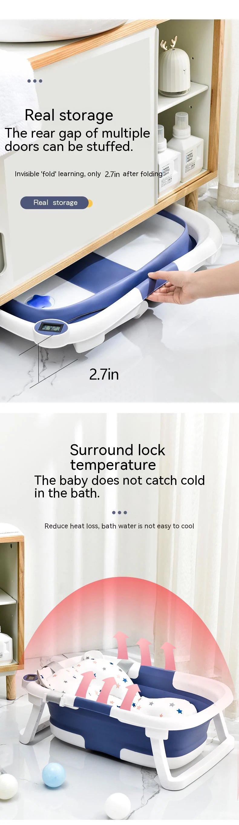 Temperature-Sensing Baby Bathtub with Digital Display, Compact Folding Bath Tub for Supervised Bathing and Small-Bathroom Storage