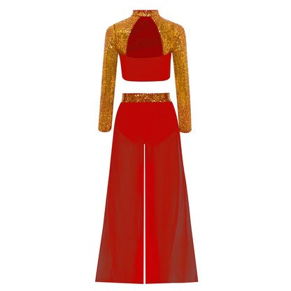 Girls Lyrical Dance Costume Set with Mock Neck Sparkle Top and Wide Leg Pants, Chiffon Overlay and Sleeveless Styles for Recitals and Stage Performances