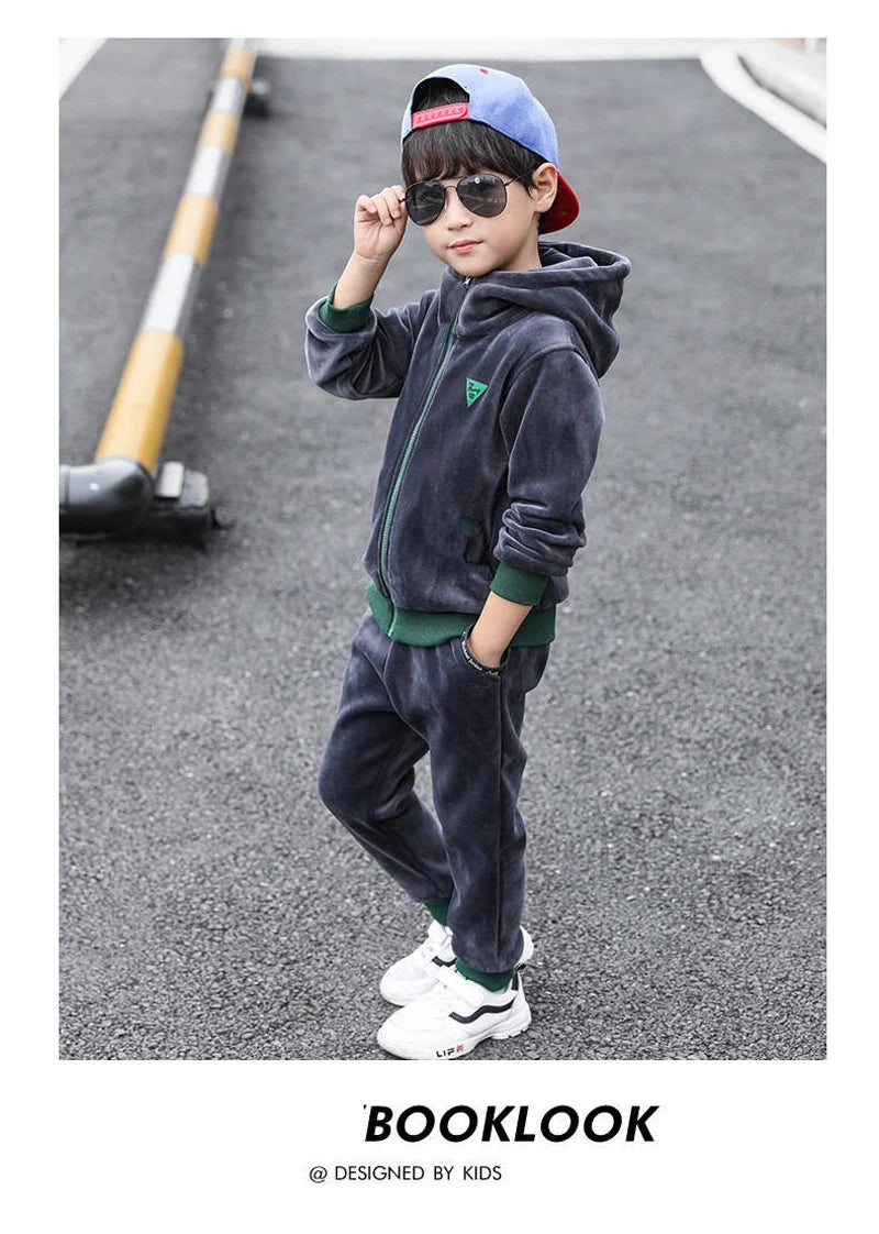 Boys Winter Tracksuit Set with Velvet-Texture Zip-Up Hooded Jacket and Matching Pants, 2-Piece Polyester Outfit for Ages 3-10