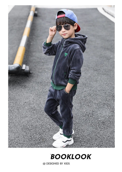 Boys Winter Tracksuit Set with Velvet-Texture Zip-Up Hooded Jacket and Matching Pants, 2-Piece Polyester Outfit for Ages 3-10