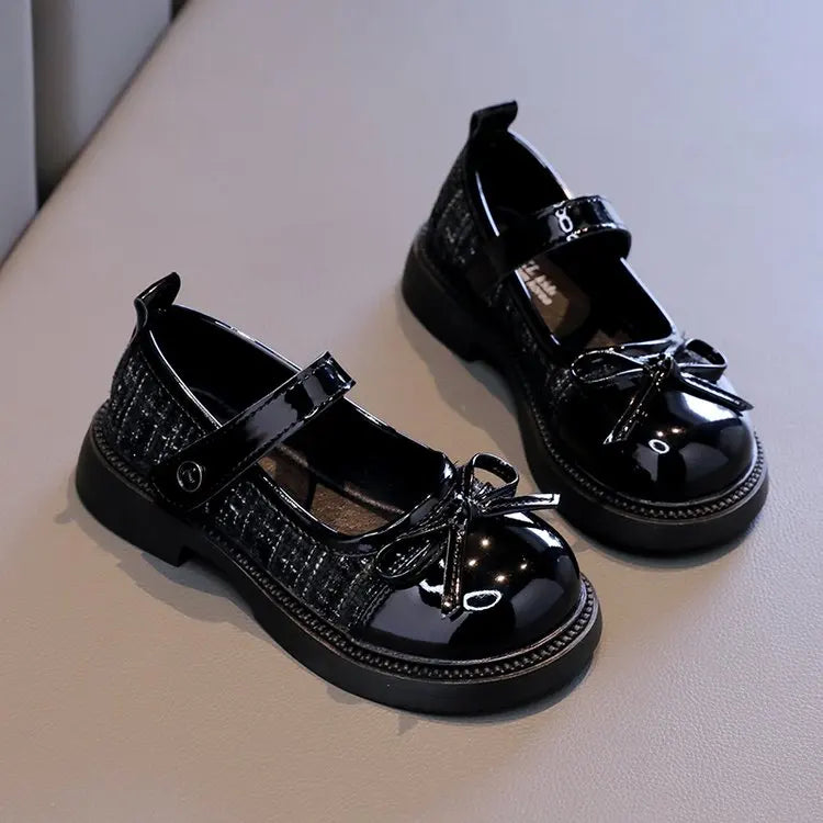 Girls Patchwork Mary Jane Shoes with Bow Detail, Glossy Round Toe and Textured Panels in Black or Beige for Spring Fall Dressy Outfits
