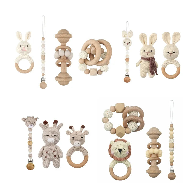 Crochet Animal Rattle Set with Wooden Ring and Coordinating Accessories, Rabbit, Deer and More Designs for Supervised Play and Baby Shower Gifts