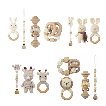 Crochet Animal Rattle Set with Wooden Ring and Coordinating Accessories, Rabbit, Deer and More Designs for Supervised Play and Baby Shower Gifts