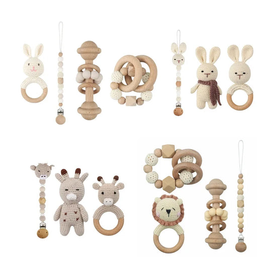 Crochet Animal Rattle Set with Wooden Ring and Coordinating Accessories, Rabbit, Deer and More Designs for Supervised Play and Baby Shower Gifts