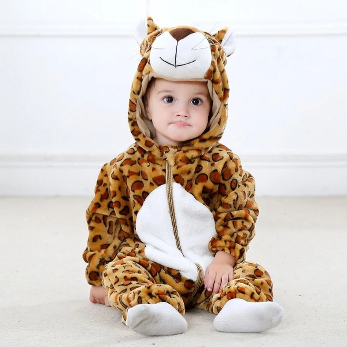 Baby Animal Hooded Costume Jumpsuit with Flannel Styling, Duck, Rabbit, Leopard and More Dress-Up Options for Boys and Girls, Sizes 70-120