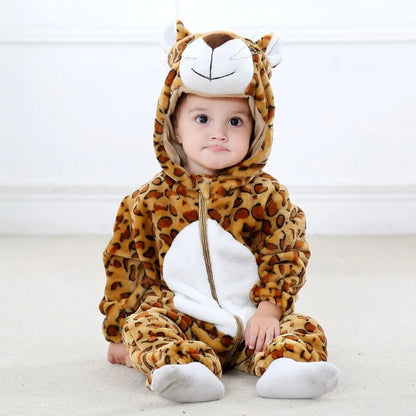 Baby Animal Hooded Costume Jumpsuit with Flannel Styling, Duck, Rabbit, Leopard and More Dress-Up Options for Boys and Girls, Sizes 70-120