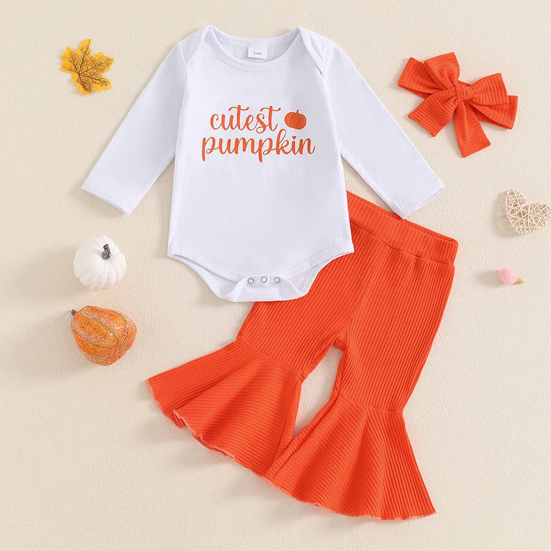 Baby Girl Pumpkin Outfit with Long Sleeve Bodysuit, Orange Ribbed Bell Bottom Pants and Bow Headband, Three-Piece Halloween Set for 0-18 Months