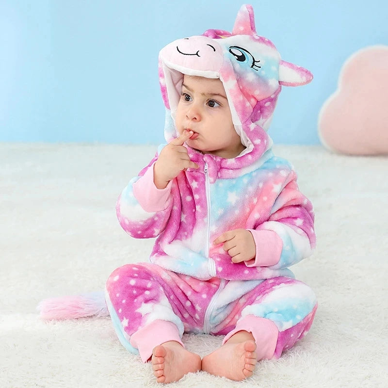 Animal Kigurumi Costume for Babies and Toddlers, Hooded Flannel Jumpsuit with Long Sleeves for Halloween Dress-Up and Family Photos