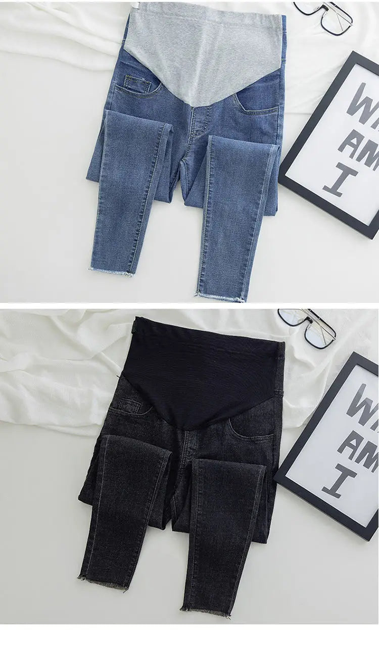 Maternity Denim Jeans with Over-Belly Panel, Blue Pregnancy Pants with Frayed Hem Styling, M-2XL Options for Everyday Casual Outfits