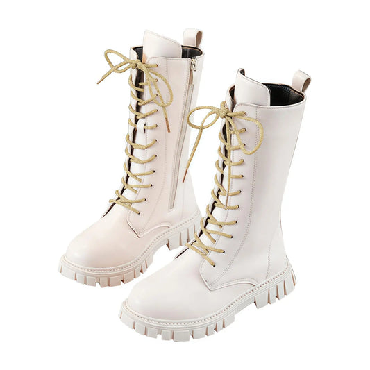 Girls White Lace-Up Boots with Side Zippers and Chunky Lug-Style Soles, Tall PU Fashion Footwear for Little and Big Kids, Sizes 27–37
