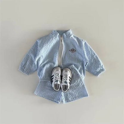 Kids Plaid Jacket and Shorts Set with Stand Collar and Front Zipper, Blue Black or Khaki Two-Piece Summer Outfit for Babies and Toddlers