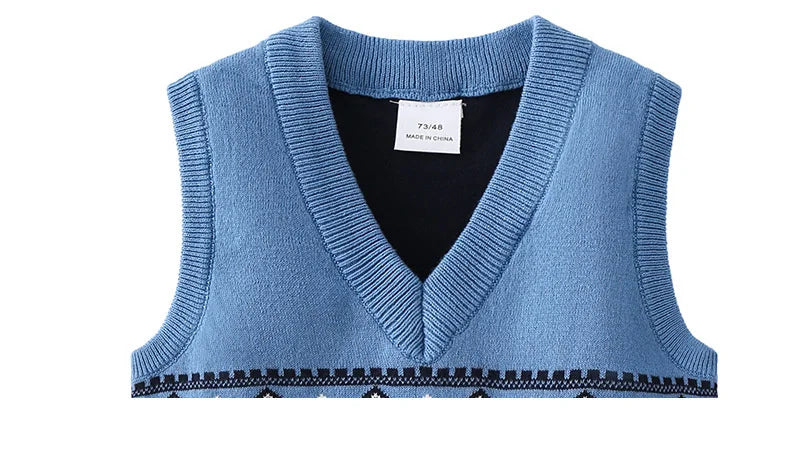 Blue V-Neck Baby Sweater Vest with Bus and Character Knit Pattern, Sleeveless Pullover with Ribbed Trim for Infant and Toddler Layering, 6M–3T