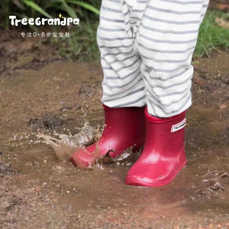 Solid Color Kids Rain Boots in PVC with Rear Pull Tabs, Mid-Calf Pull-On Rainy-Day Shoes for Boys and Girls, Eight Colors and Listed Sizes 5-12