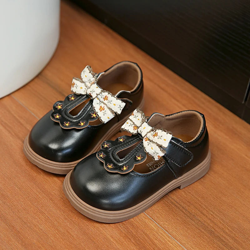 Girls Floral Bow T-Strap Shoes with Scalloped Flower Details and Round Toe, Black or Beige Dress Flats for School Outfits, Parties and Photos