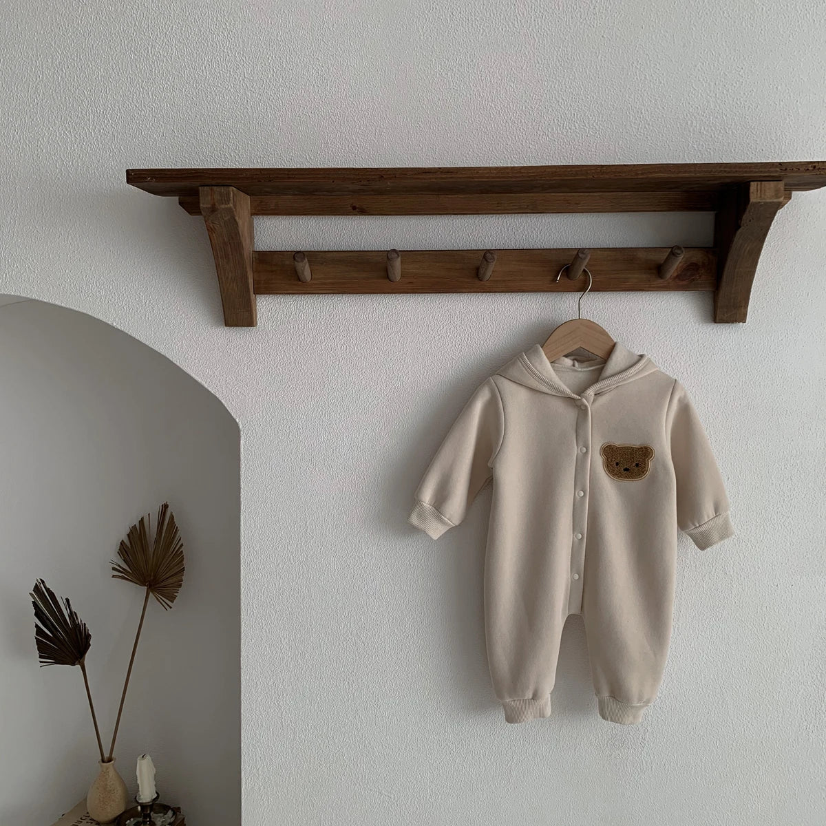 Baby Hooded Snap Front Jumpsuit with Bear Patch, Long Sleeve One-Piece Outfit in Coffee or Beige for Boys and Girls, Sizes 3M-18M