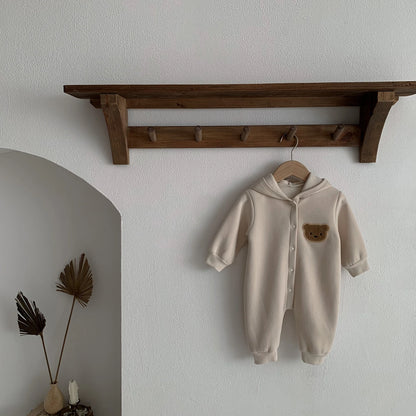 Baby Hooded Snap Front Jumpsuit with Bear Patch, Long Sleeve One-Piece Outfit in Coffee or Beige for Boys and Girls, Sizes 3M-18M