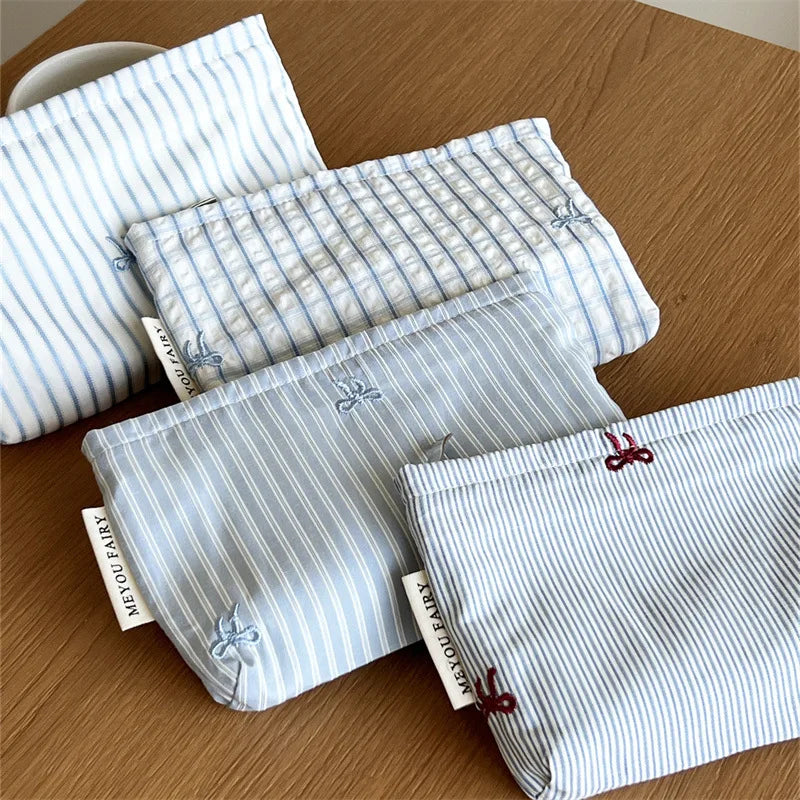 Baby Essentials Pouch with Striped Bow Embroidery and Zipper Closure, Small or Large Diaper Bag Organizer for Toiletries, Makeup and Travel