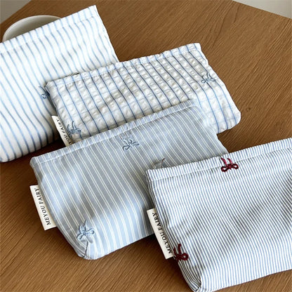Baby Essentials Pouch with Striped Bow Embroidery and Zipper Closure, Small or Large Diaper Bag Organizer for Toiletries, Makeup and Travel