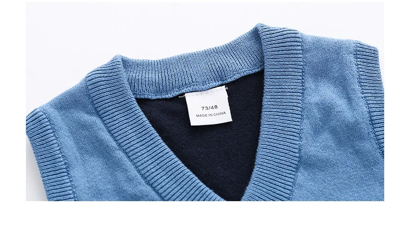 Blue V-Neck Baby Sweater Vest with Bus and Character Knit Pattern, Sleeveless Pullover with Ribbed Trim for Infant and Toddler Layering, 6M–3T