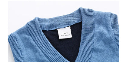 Blue V-Neck Baby Sweater Vest with Bus and Character Knit Pattern, Sleeveless Pullover with Ribbed Trim for Infant and Toddler Layering, 6M–3T