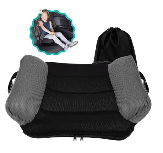 Inflatable Kids Travel Seat Cushion in Black and Gray, Portable Blow-Up Chair Pad with Carry Bag for Supervised Seating Away from the Car