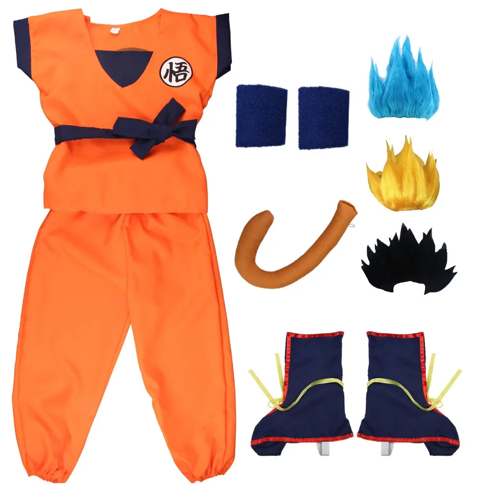 Orange Anime Gi Costume for Kids and Adults, Goku-Inspired Polyester Top and Pants with 5, 6 or 7-Piece Accessory Options for Halloween and Cosplay