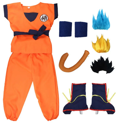 Orange Anime Gi Costume for Kids and Adults, Goku-Inspired Polyester Top and Pants with 5, 6 or 7-Piece Accessory Options for Halloween and Cosplay