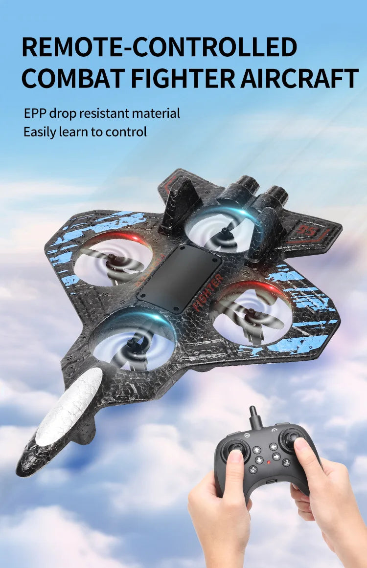 RC Fighter Drone with Lights, 2.4GHz Remote Control Foam Quadcopter in Red or Blue, Approx. 10-Minute Flight Time for Aviation Hobby Play
