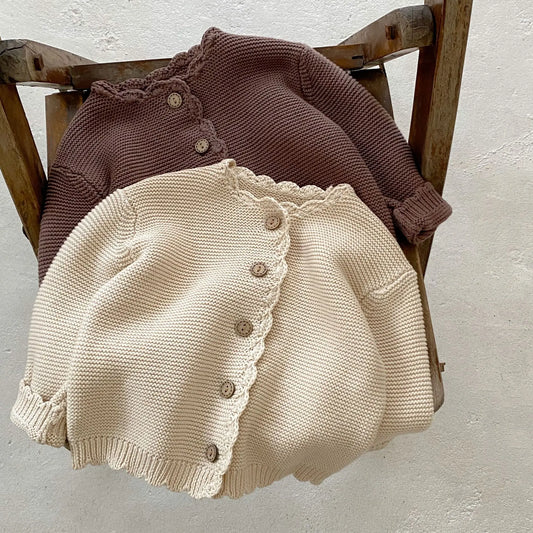 Scalloped Neck Baby Cardigan with Button Front, Textured Knit and Ribbed Cuffs, Long Sleeve Infant and Toddler Sweater in Khaki or Apricot