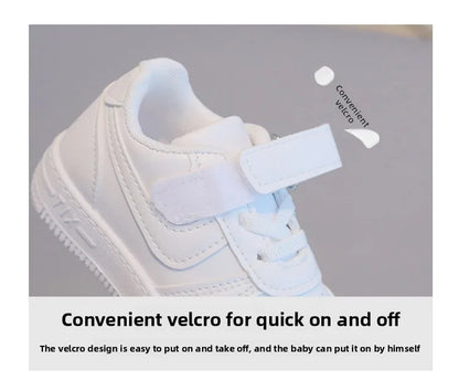 Kids White Low-Top Sneakers with Adjustable Strap, Perforated Toe and Silver Heel Detail for Boys and Girls Spring and Fall Casual Outfits