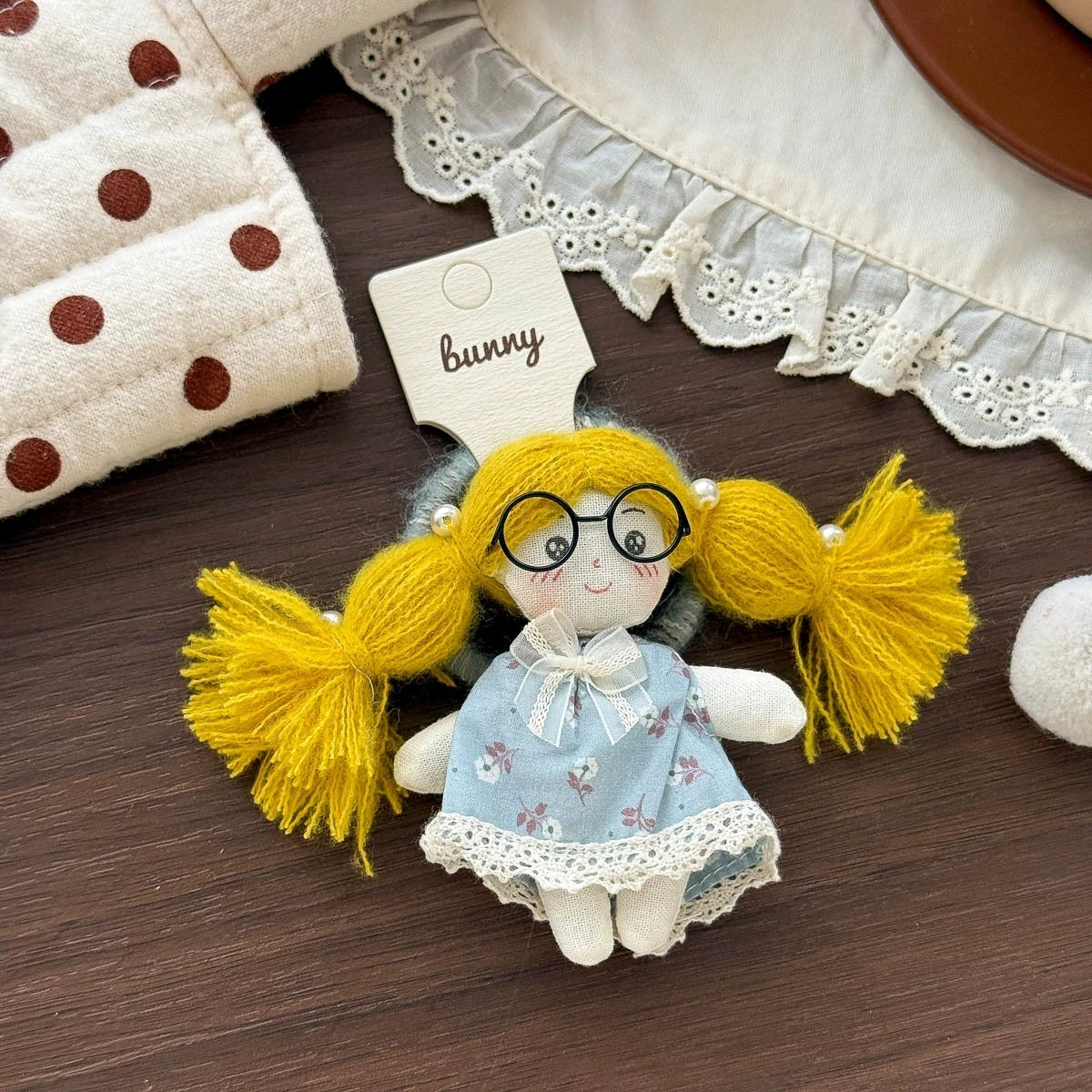 Doll Hair Accessories for Girls, Handmade Cotton Character Hair Clip or Elastic Hair Tie with Floral Dress and Colorful Pigtail Details