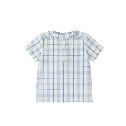 Light Blue Sibling Matching Outfits with Cotton Girls Collared Dresses, Baby Rompers and Boys Plaid Sets, Lyocell Knit Tops and White Separates