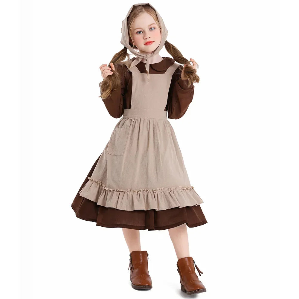 Girls Pioneer Prairie Costume Dress with Apron and Bonnet Options for Colonial School Plays, Historical Dress-Up and Halloween Events
