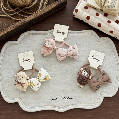 Sheep and Bow Hair Ties for Girls, 2-Piece Elastic Ponytail Holder Set with Cute Animal Detail in Beige, Coffee or Pink for Everyday Hairstyles
