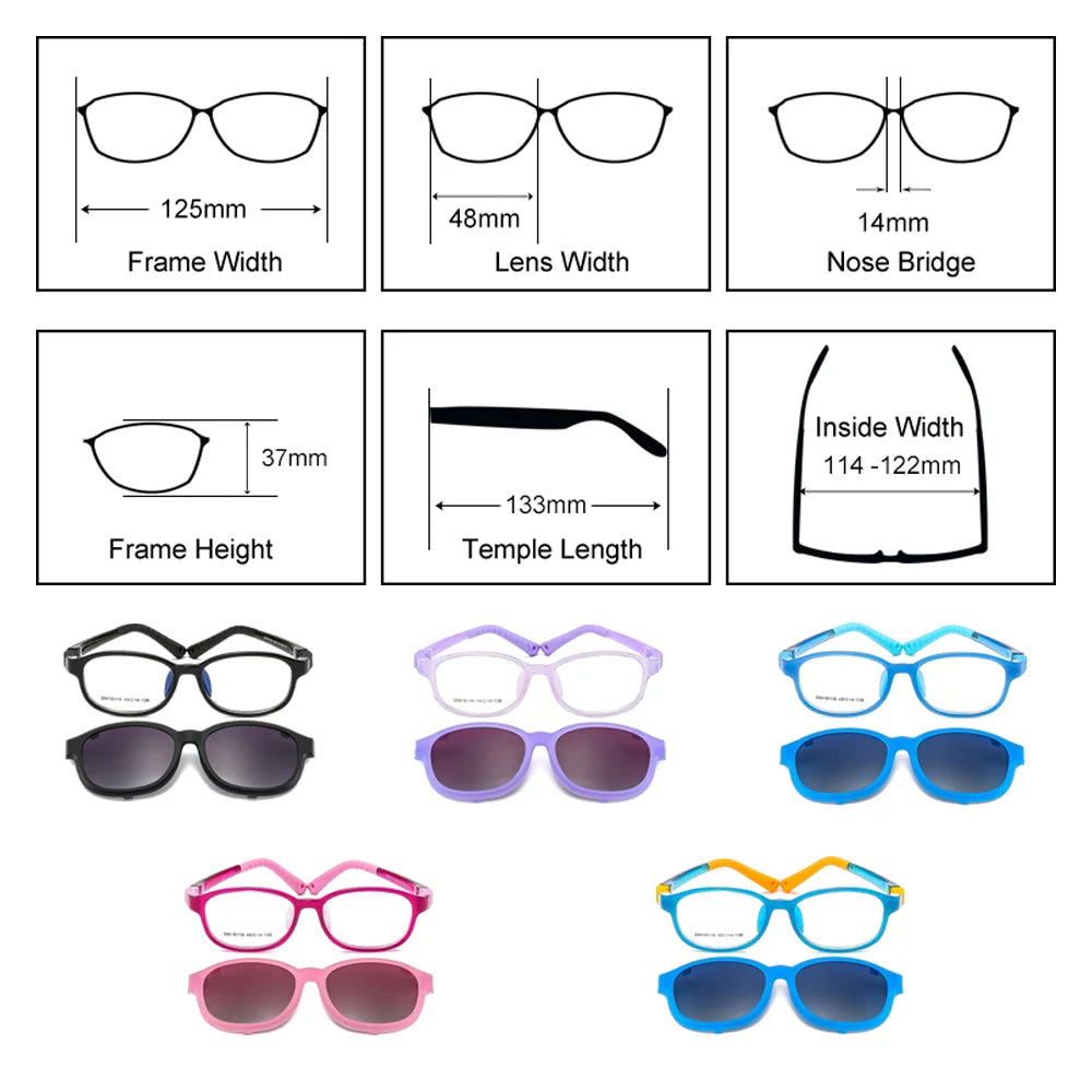 Children's 2-in-1 Sunglasses with Flexible Eyeglass Frame and Removable Sun Clip, Colorful Kids Shades for Summer Outings and Family Travel