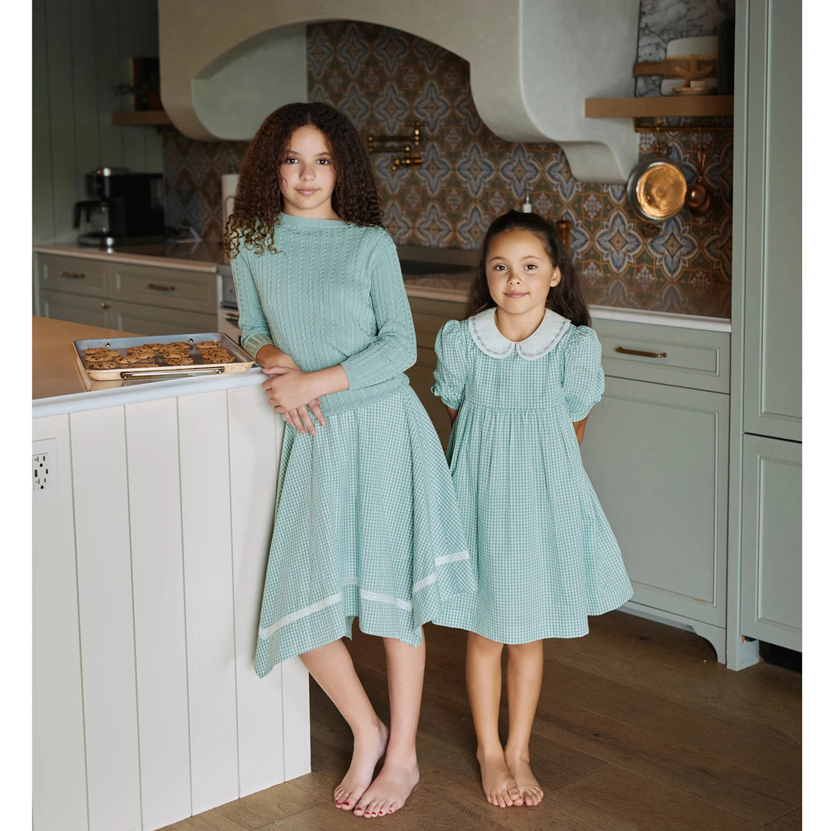 Sage Green Gingham Kids Outfits with Cotton Girls Dress and Baby Romper Options, Lyocell Knit Layers and Boys Separates for Sibling Family Photos