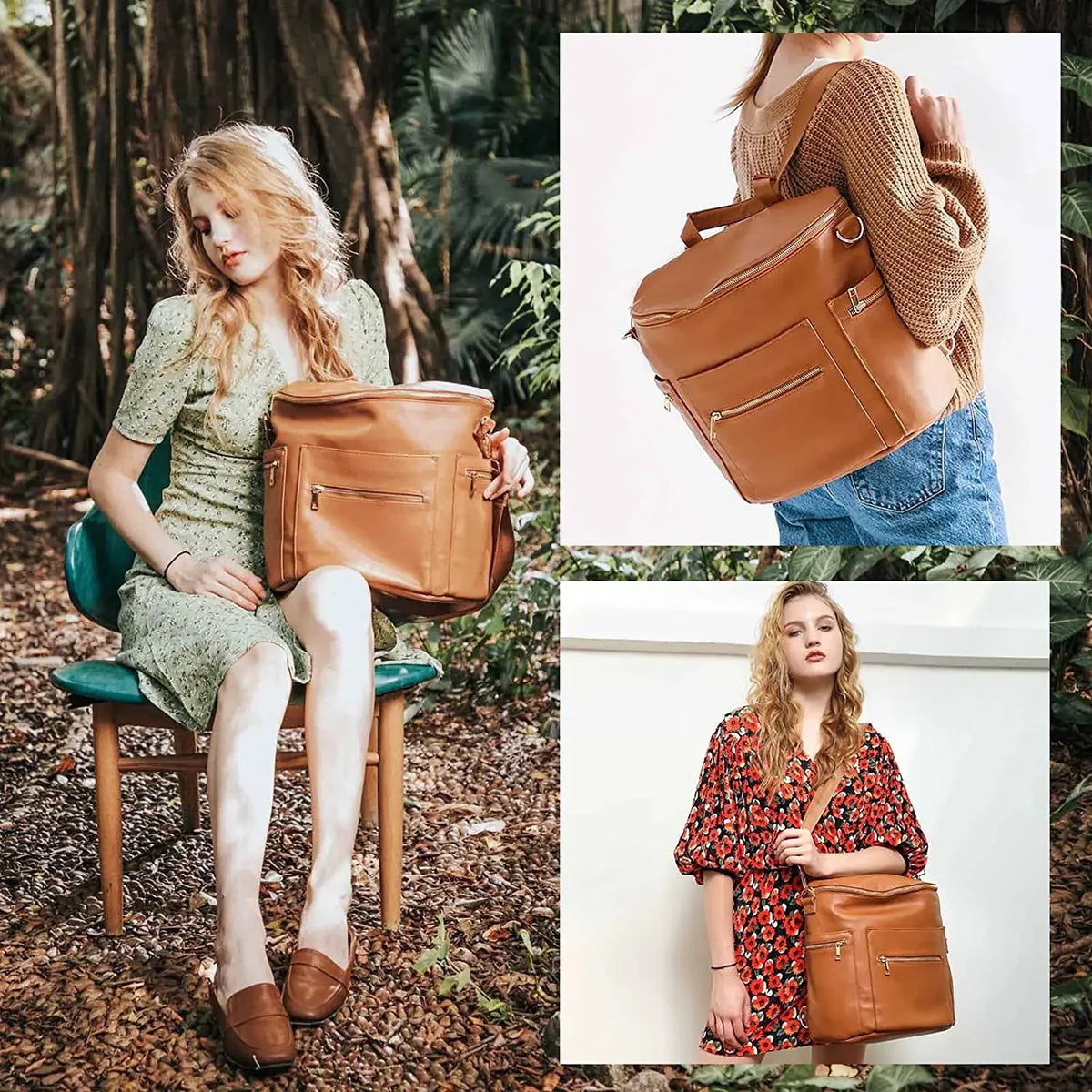 Convertible Diaper Backpack in PU Leather with Changing Pad, 11 Storage Pockets, Insulated Bottle Pockets and Shoulder Straps for Parents
