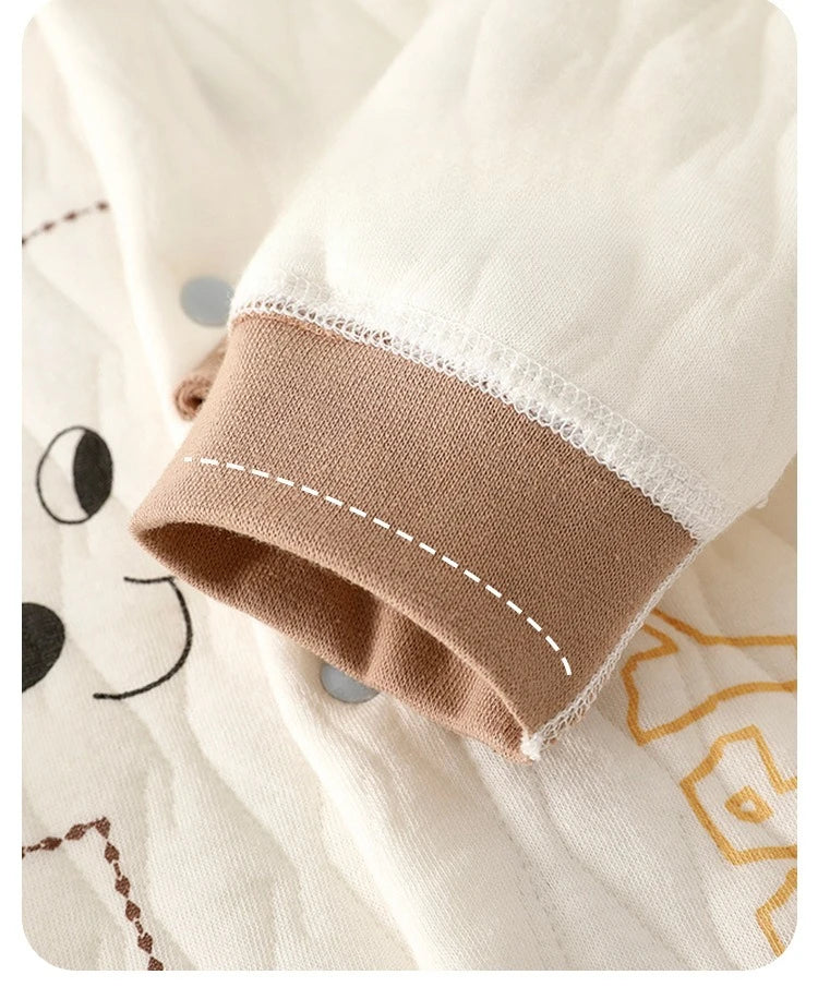 Quilted Baby Snap-Front Romper with Cartoon Dog or Dinosaur Details, Long Sleeve Footless Jumpsuit with Contrast Cuffs for Infant Everyday Outfits