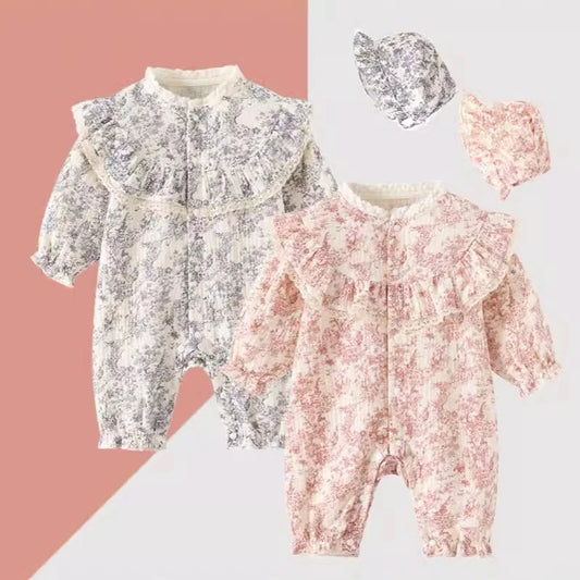 Baby Girl Jumpsuit and Hat Set with Ink-Style Print and Ruffled Yoke, Long Sleeve Cotton Outfit for Spring, Fall and Family Photos, Sizes 59-90