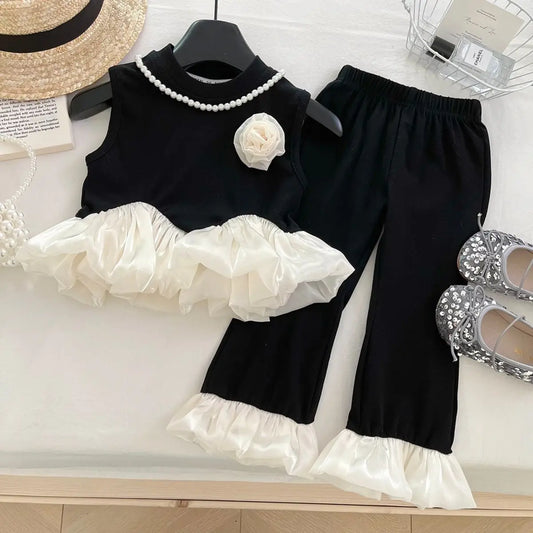 Girls Ruffle Top and Pants Set with 3D Flower Detail, Sleeveless Two-Piece Outfit Styles in Pink, Black or Gray for Birthdays and Family Photos