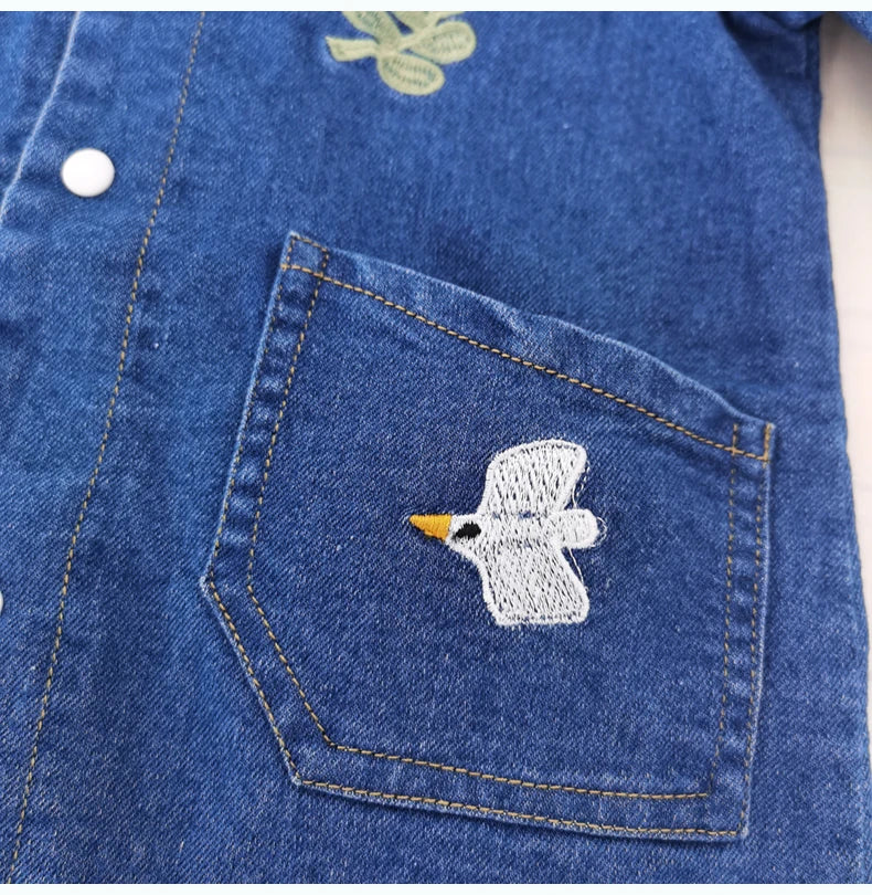 Collared Baby Denim Romper by IENENS with Chest Pockets and Snap Fastenings, Blue Long Sleeve One-Piece Outfit for Boys and Girls in 0-18M Sizes
