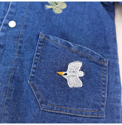 Collared Baby Denim Romper by IENENS with Chest Pockets and Snap Fastenings, Blue Long Sleeve One-Piece Outfit for Boys and Girls in 0-18M Sizes