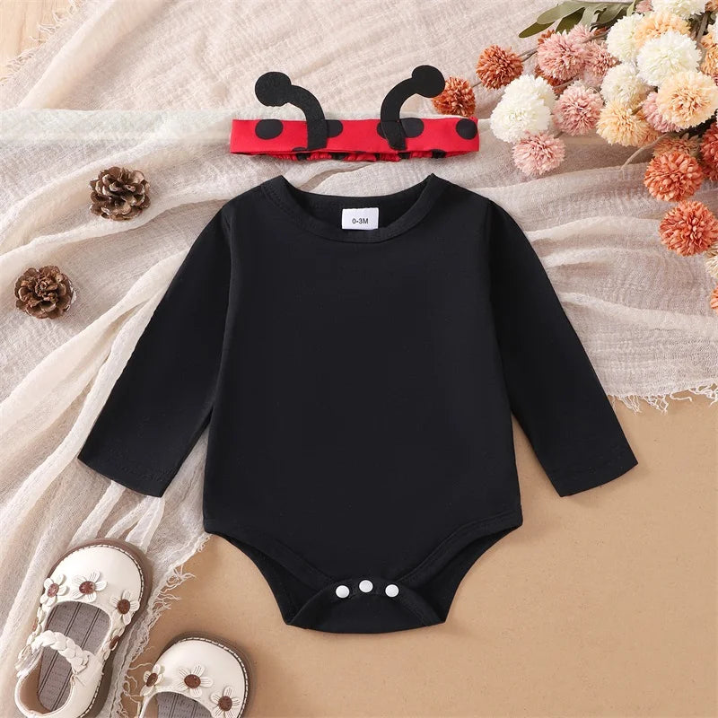 Baby Girl Halloween Bee Outfit 3-Piece Romper and Suspender Dress Set with Headband, Long Sleeve Fall Costume for Infants 0 to 18 Months