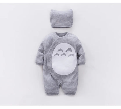 Gray Baby Romper and Hat Set with Cotton Long Sleeve Jumpsuit, Curved Snap Front and White Belly Graphic for Spring and Fall, 0-12M