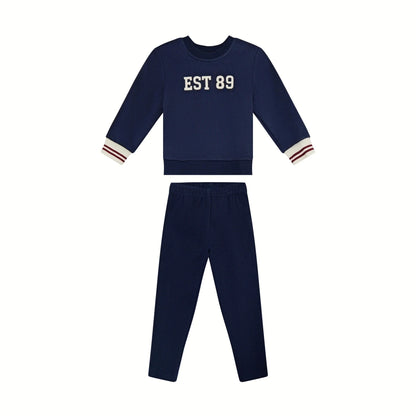 Navy Collared Kids Matching Outfits with Striped Trim, Boys Sweatshirt, Girls Dress and Skirt Set Options for Sibling Photos and Fall
