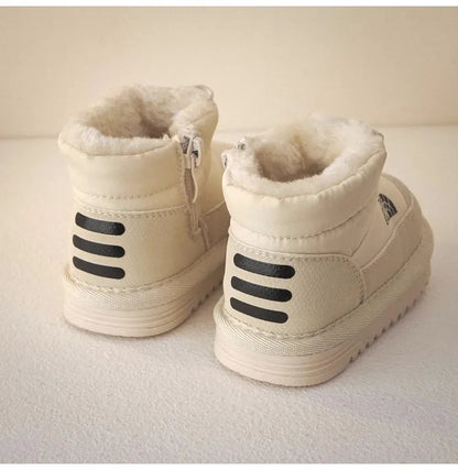 Plush-Lined Kids Snow Boots with Side Zippers and Chunky Platform Soles, Boys and Girls Winter Ankle Boots in Pink, Black and Ivory