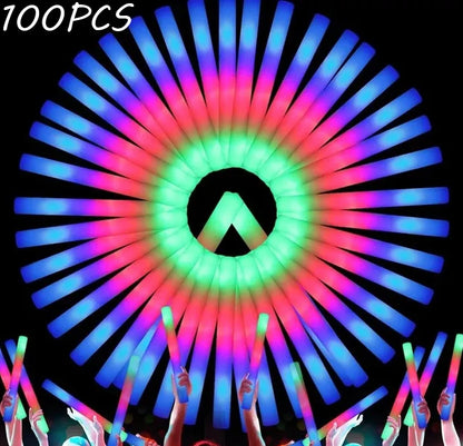 Bulk RGB LED Glow Sticks, 100-Pack Light-Up Foam Cheer Tubes with 3 Flashing Modes and Included Batteries for Weddings, Birthdays and Christmas Parties
