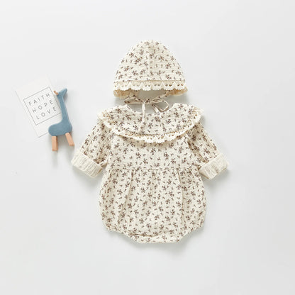 Baby Girl Floral Romper and Bonnet Set, Long Sleeve One-Piece Outfit with Decorative Collar and Snap Bottom for Infant Photos and Fall Outings